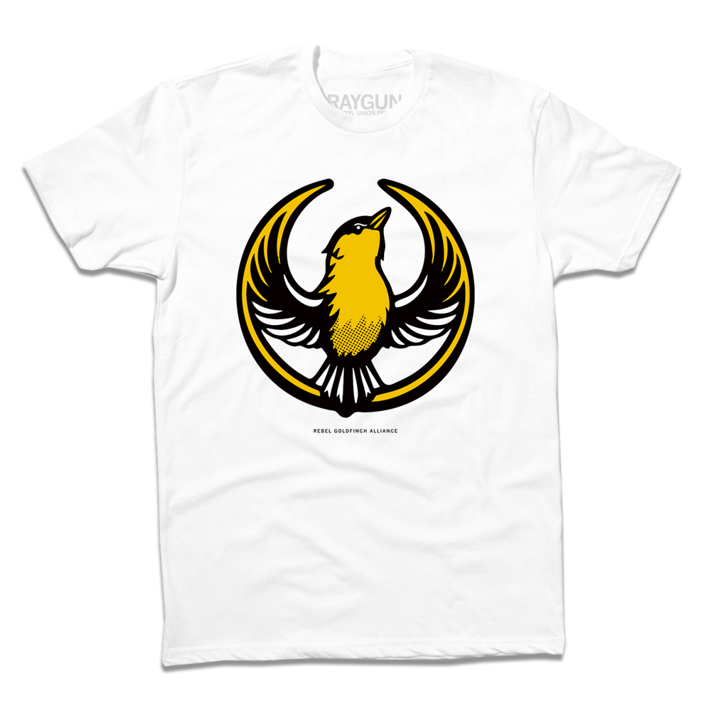 White t-shirt with the Rebel Goldfinch Alliance Logo. It uses a goldfinch with outstretched wings to mimic the shape of the Star Wars Rebel Alliance Logo. The goldfinch  is printed with black and gold ink.