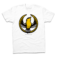 White t-shirt with the Rebel Goldfinch Alliance Logo. It uses a goldfinch with outstretched wings to mimic the shape of the Star Wars Rebel Alliance Logo. The goldfinch  is printed with black and gold ink.