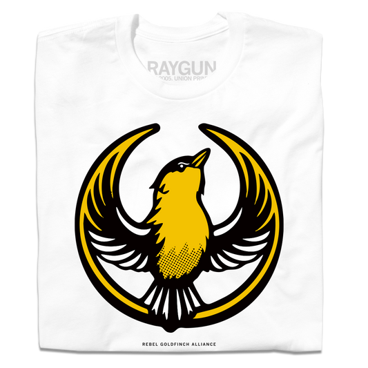 A folded white shirt with the Rebel Goldfinch Alliance Logo. It uses a goldfinch with outstretched wings to mimic the shape of the Star Wars Rebel Alliance Logo. The goldfinch  is printed with black and gold ink.