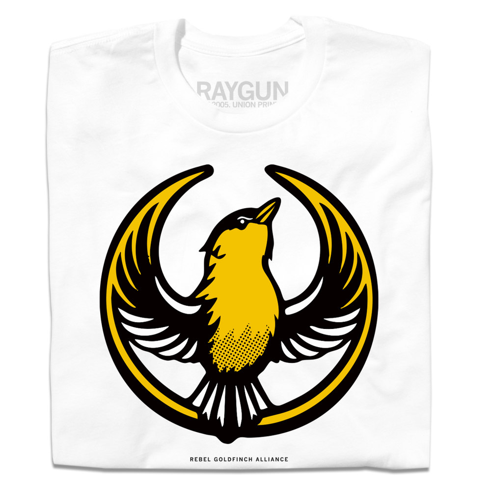 A folded white shirt with the Rebel Goldfinch Alliance Logo. It uses a goldfinch with outstretched wings to mimic the shape of the Star Wars Rebel Alliance Logo. The goldfinch  is printed with black and gold ink.