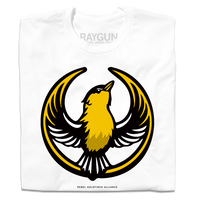 A folded white shirt with the Rebel Goldfinch Alliance Logo. It uses a goldfinch with outstretched wings to mimic the shape of the Star Wars Rebel Alliance Logo. The goldfinch  is printed with black and gold ink.
