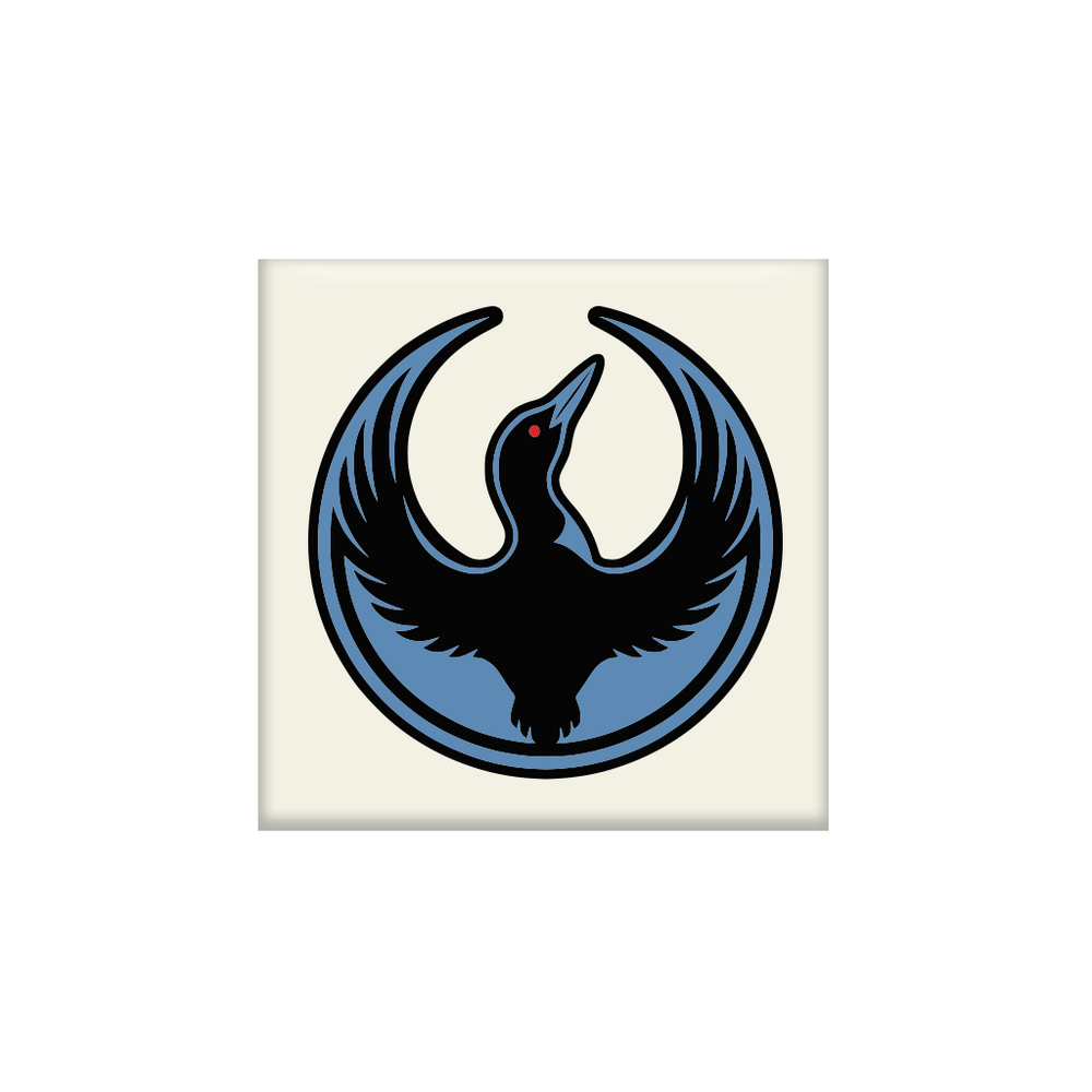 Off white square magnet of the Rebel Loon Alliance Logo. A black loon is highlighted with blue with it's wings stretched like the star wars rebel logo.
