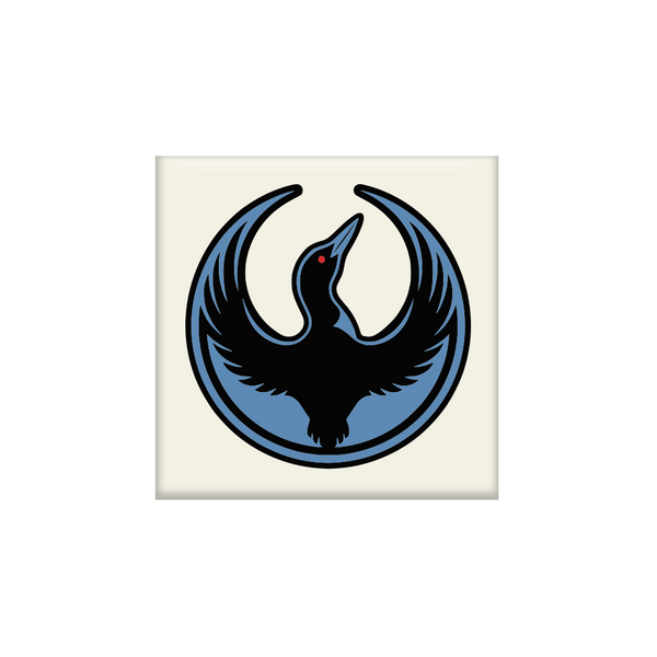 Off white square magnet of the Rebel Loon Alliance Logo. A black loon is highlighted with blue with it's wings stretched like the star wars rebel logo.