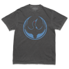 Comfort Colors heavyweight dark grey t-shirt with the Rebel Loon Alliance Logo. It features a loon with outstretched wings to mimic the shape of the Star Wars Rebel Alliance Logo. The loon is printed blue & black with red eye.