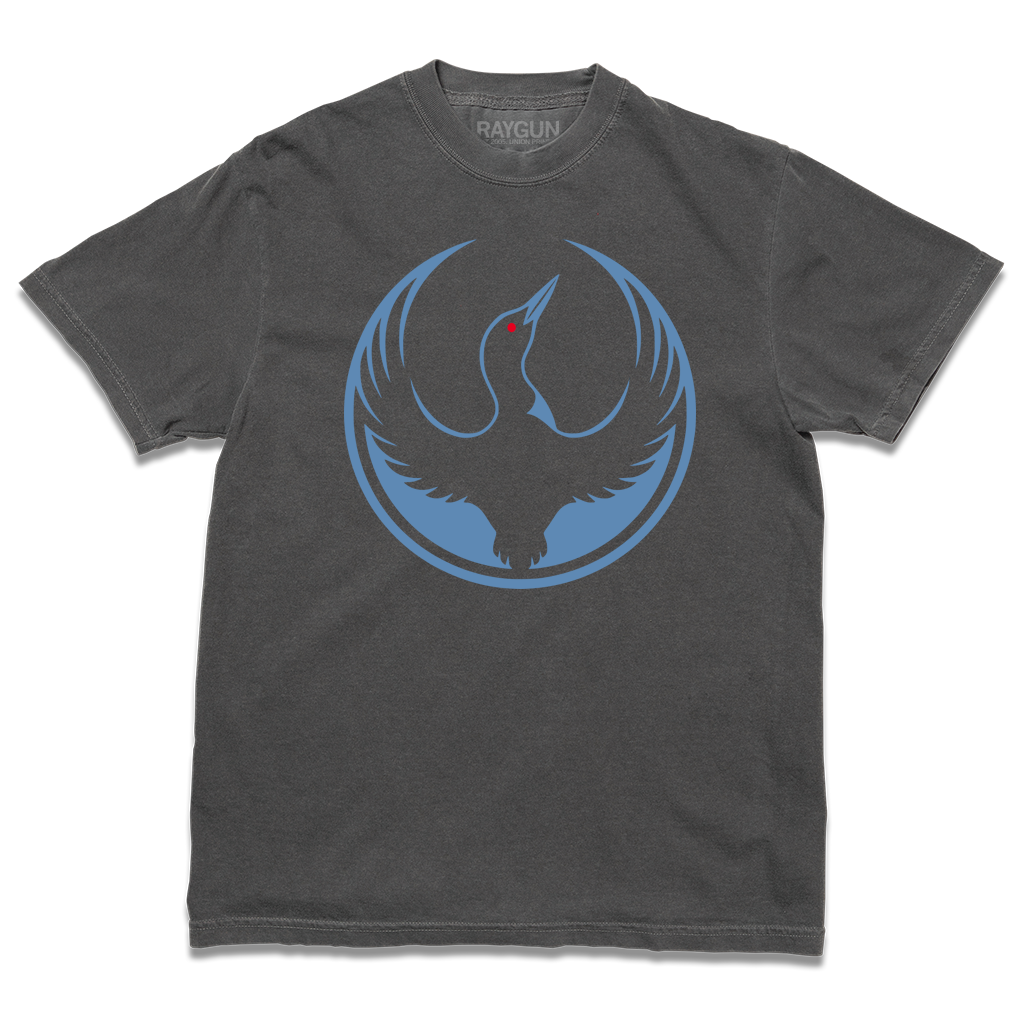 Comfort Colors heavyweight dark grey t-shirt with the Rebel Loon Alliance Logo. It features a loon with outstretched wings to mimic the shape of the Star Wars Rebel Alliance Logo. The loon is printed blue & black with red eye.
