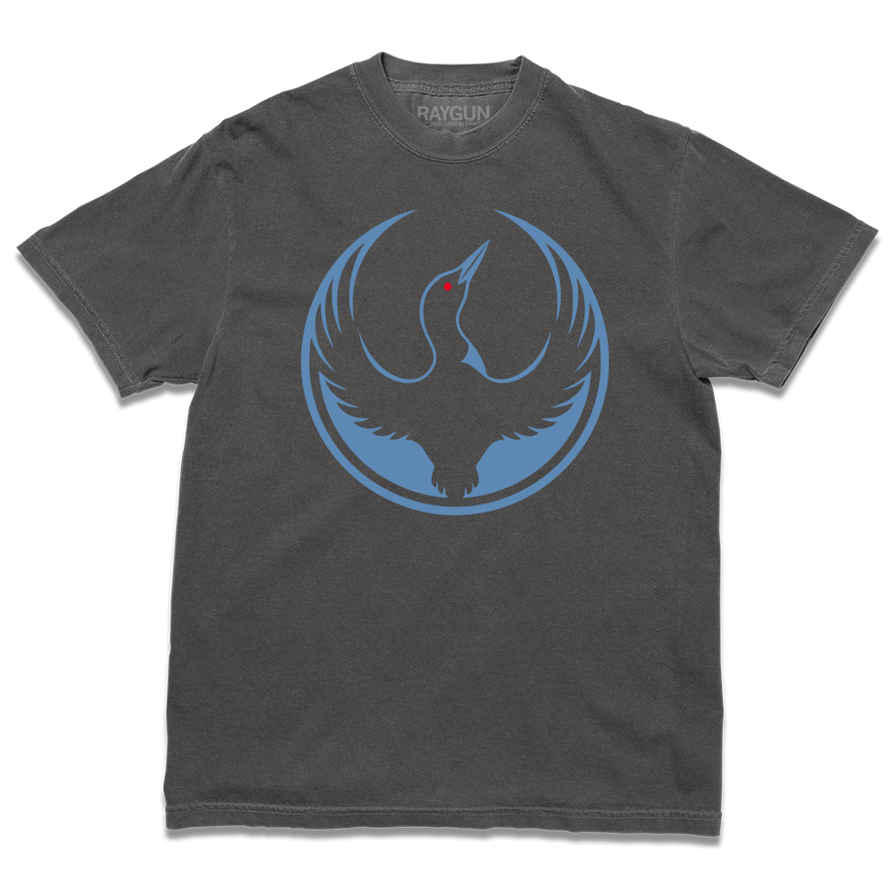 Comfort Colors heavyweight dark grey t-shirt with the Rebel Loon Alliance Logo. It features a loon with outstretched wings to mimic the shape of the Star Wars Rebel Alliance Logo. The loon is printed blue & black with red eye.