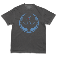 Comfort Colors heavyweight dark grey t-shirt with the Rebel Loon Alliance Logo. It features a loon with outstretched wings to mimic the shape of the Star Wars Rebel Alliance Logo. The loon is printed blue & black with red eye.