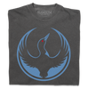 A folded heavyweight charcoal shirt with the Rebel Loon Alliance Logo. It uses a loon with outstretched wings to mimic the shape of the Star Wars Rebel Alliance Logo. The loon is printed blue & black with red eye.