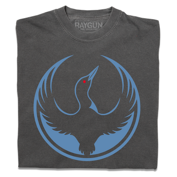 A folded heavyweight charcoal shirt with the Rebel Loon Alliance Logo. It uses a loon with outstretched wings to mimic the shape of the Star Wars Rebel Alliance Logo. The loon is printed blue & black with red eye.