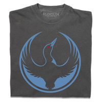 A folded heavyweight charcoal shirt with the Rebel Loon Alliance Logo. It uses a loon with outstretched wings to mimic the shape of the Star Wars Rebel Alliance Logo. The loon is printed blue & black with red eye.