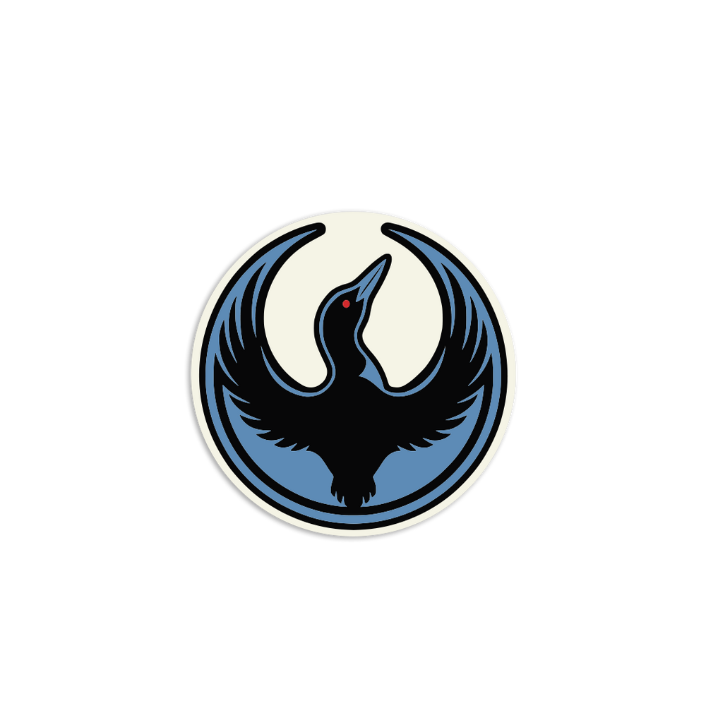 A circular white sticker with the Rebel Loon Alliance Logo. It uses a loon with outstretched wings to mimic the shape of the Star Wars Rebel Alliance Logo. The loon is printed blue & black with red eye.