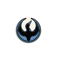 A circular white sticker with the Rebel Loon Alliance Logo. It uses a loon with outstretched wings to mimic the shape of the Star Wars Rebel Alliance Logo. The loon is printed blue & black with red eye.