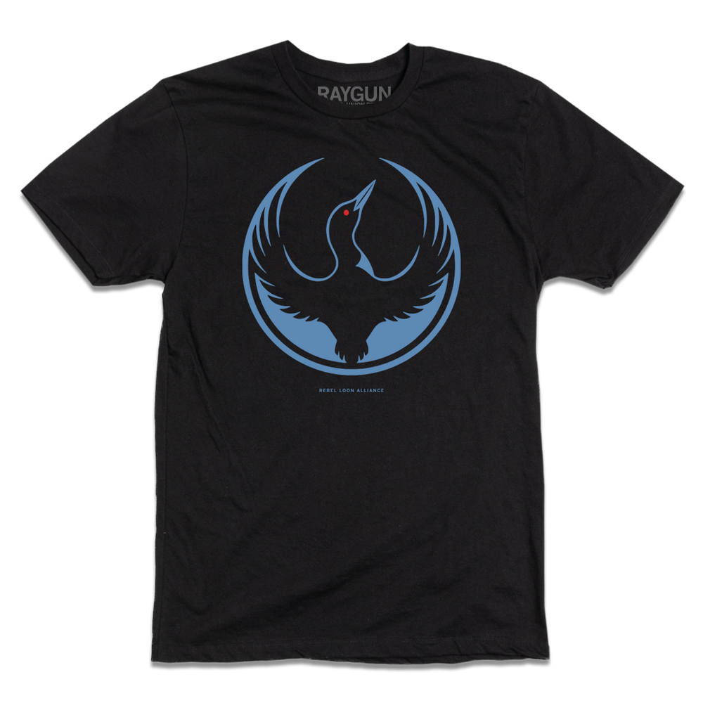 A black t-shirt with the Rebel Loon Alliance Logo. It features a loon with outstretched wings to mimic the shape of the Star Wars Rebel Alliance Logo. The loon is printed blue & black with red eye.