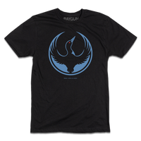 A black t-shirt with the Rebel Loon Alliance Logo. It features a loon with outstretched wings to mimic the shape of the Star Wars Rebel Alliance Logo. The loon is printed blue & black with red eye.