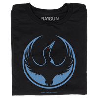 A folded black t-shirt with the Rebel Loon Alliance Logo. It features a loon with outstretched wings to mimic the shape of the Star Wars Rebel Alliance Logo. The loon is printed blue & black with red eye.