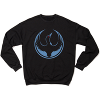 Black long sleeve sweatshirt with the Rebel Loon Alliance Logo. It features a loon with outstretched wings to mimic the shape of the Star Wars Rebel Alliance Logo. The loon is printed blue & black with red eye.
