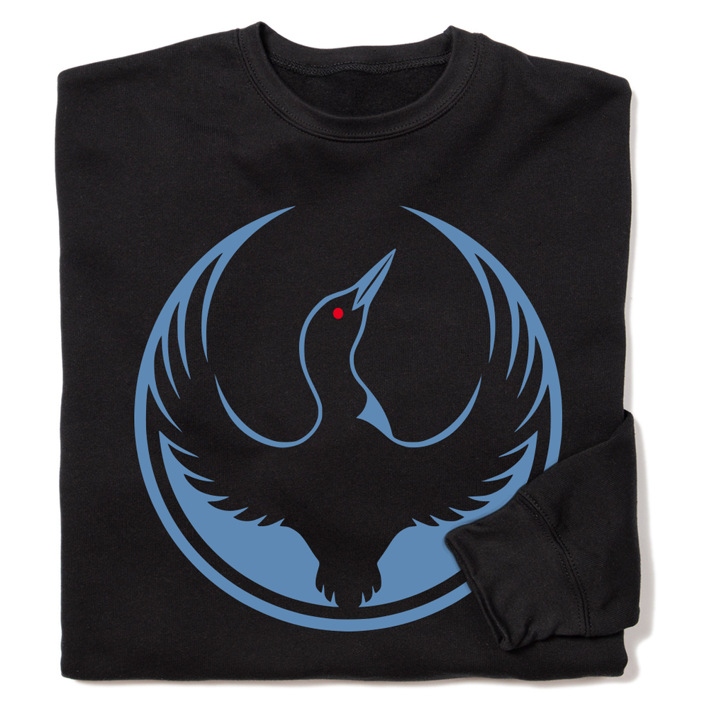A folded black crewneck sweatshirt with the Rebel Loon Alliance Logo. It uses a loon with outstretched wings to mimic the shape of the Star Wars Rebel Alliance Logo. The loon is printed blue & black with red eye.