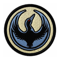An embroidered circle patch with the Rebel Loon Alliance Logo. It uses a loon with outstretched wings to mimic the shape of the Star Wars Rebel Alliance Logo. The loon is printed blue & black with red eye. The edges of the patch are black and the background is cream.