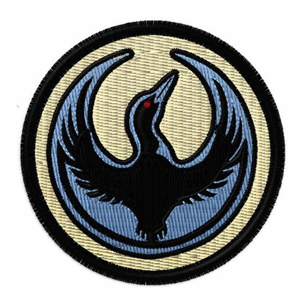 An embroidered circle patch with the Rebel Loon Alliance Logo. It uses a loon with outstretched wings to mimic the shape of the Star Wars Rebel Alliance Logo. The loon is printed blue & black with red eye. The edges of the patch are black and the background is cream.