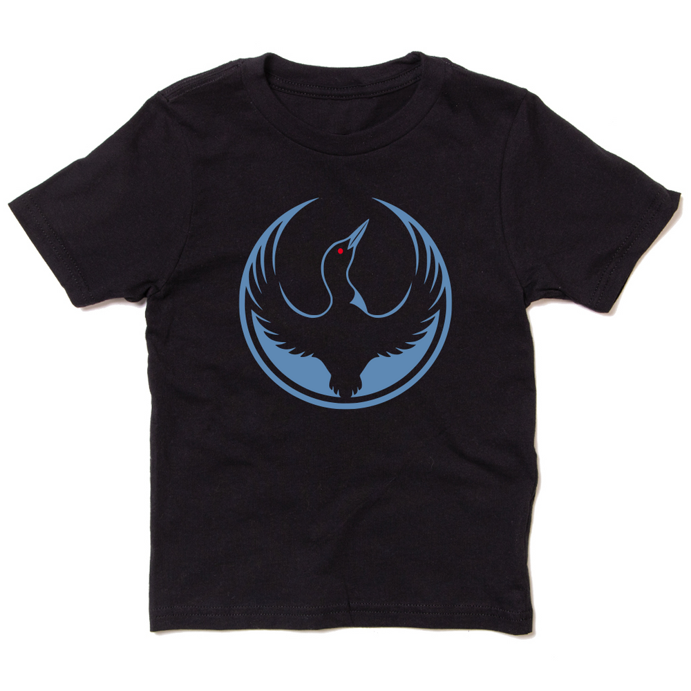 A youth sized black t-shirt with the Rebel Loon Alliance Logo. It uses a loon with outstretched wings to mimic the shape of the Star Wars Rebel Alliance Logo. The loon is printed blue & black with red eye.