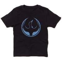 A youth sized black t-shirt with the Rebel Loon Alliance Logo. It uses a loon with outstretched wings to mimic the shape of the Star Wars Rebel Alliance Logo. The loon is printed blue & black with red eye.