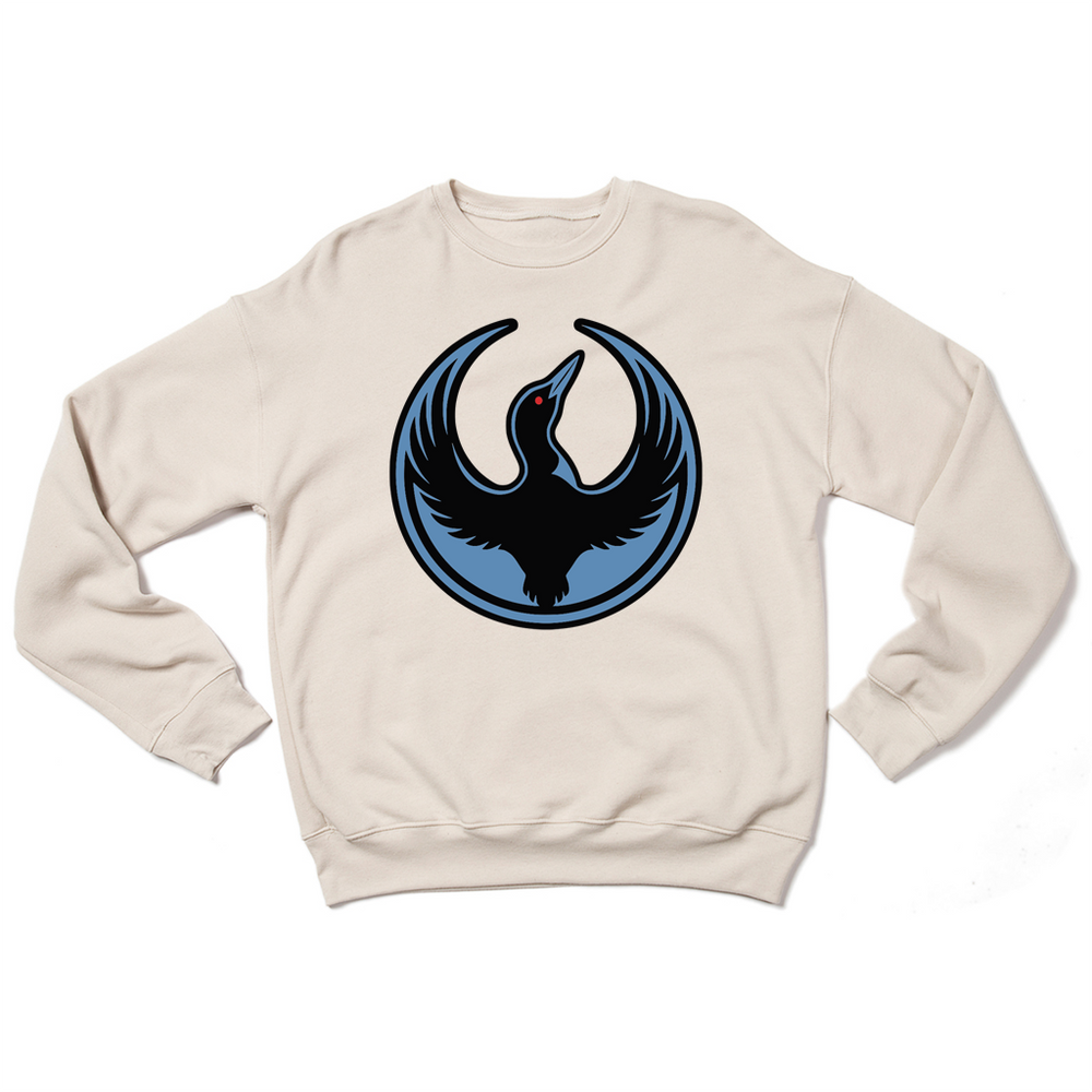 Beige long sleeve sweatshirt with the Rebel Loon Alliance Logo. It features a loon with outstretched wings to mimic the shape of the Star Wars Rebel Alliance Logo. The loon is printed blue & black with red eye.