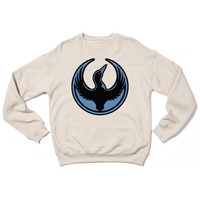 Beige long sleeve sweatshirt with the Rebel Loon Alliance Logo. It features a loon with outstretched wings to mimic the shape of the Star Wars Rebel Alliance Logo. The loon is printed blue & black with red eye.