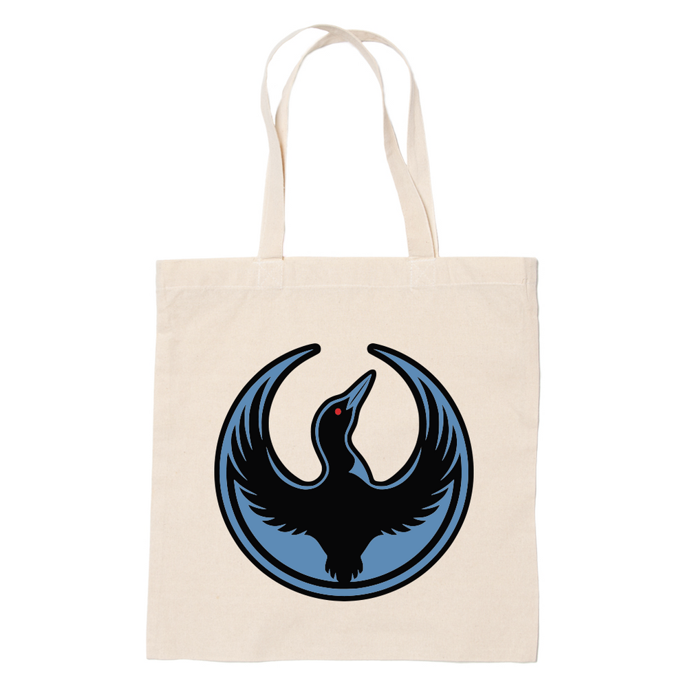 A canvas tote bag with the Rebel Loon Alliance Logo. It uses a loon with outstretched wings to mimic the shape of the Star Wars Rebel Alliance Logo. The bird is printed in black and blue with red eyes.