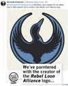 A Rebel Loon Alliance shirt graphic combining the Star Wars symbol with a loon silhouette, shown above a partnership caption and a small icon of Gary the cat.