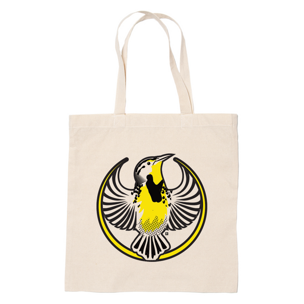 A canvas tote bag with the Rebel Western Meadowlark Alliance Logo. It uses a western meadowlark with outstretched wings to mimic the shape of the Star Wars Rebel Alliance Logo. The bird is printed in black and gold.