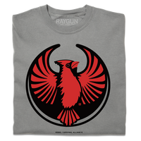 A folded heavyweight grey shirt with the Rebel Northern Cardinal Alliance Logo. It uses a northern cardinal with outstretched wings to mimic the shape of the Star Wars Rebel Alliance Logo. The northern cardinal is printed in red and black ink.