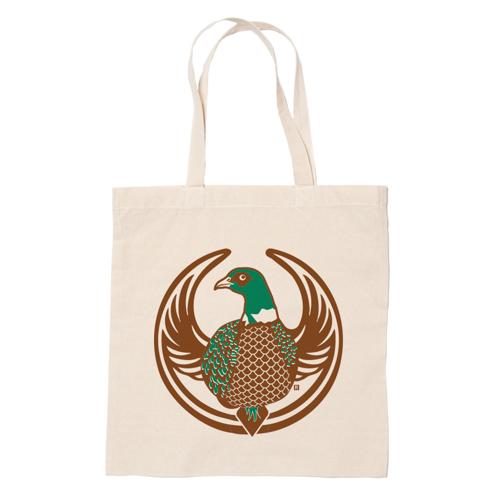 A canvas tote bag with the Rebel Pheasant Alliance Logo. It uses a pheasant with outstretched wings to mimic the shape of the Star Wars Rebel Alliance Logo. The bird is printed in brown and green.