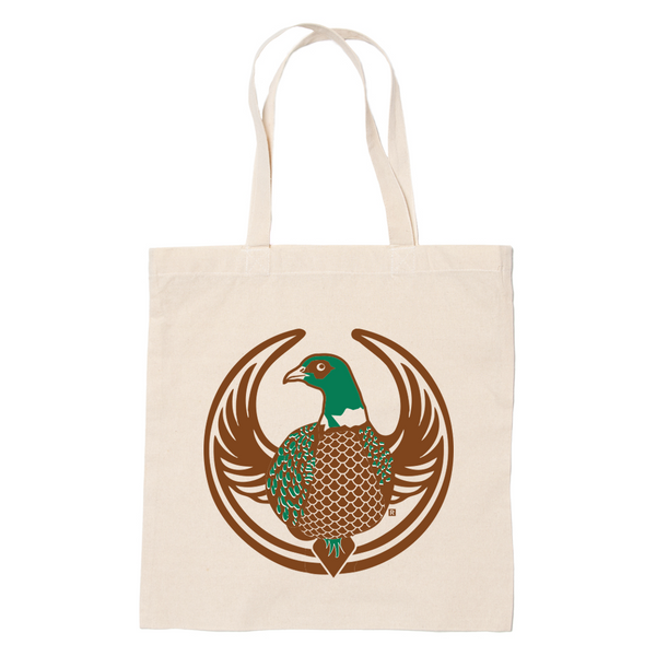 A canvas tote bag with the Rebel Pheasant Alliance Logo. It uses a pheasant with outstretched wings to mimic the shape of the Star Wars Rebel Alliance Logo. The bird is printed in brown and green.