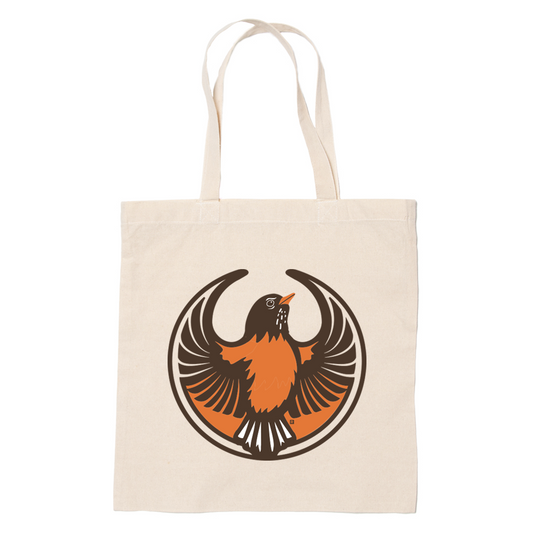 A canvas tote bag with the Rebel American Robin Alliance Logo. It uses a american robin with outstretched wings to mimic the shape of the Star Wars Rebel Alliance Logo. The bird is printed in brown and orange.