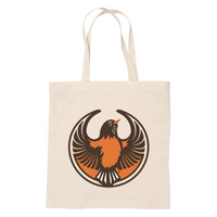 A canvas tote bag with the Rebel American Robin Alliance Logo. It uses a american robin with outstretched wings to mimic the shape of the Star Wars Rebel Alliance Logo. The bird is printed in brown and orange.