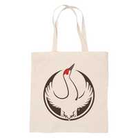 A canvas tote bag with the Rebel Sandhill Crane Alliance Logo. It uses a sandhill crane with outstretched wings to mimic the shape of the Star Wars Rebel Alliance Logo. The bird is printed in brown, beige, and red.