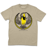 Comfort Colors heavyweight khaki t-shirt with the Rebel Western Meadowlark Alliance Logo. It uses a western meadowlark with outstretched wings to mimic the shape of the Star Wars Rebel Alliance Logo. The western meadowlark is printed in black and gold ink.