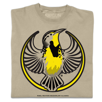 A folded heavyweight khaki shirt with the Rebel Western Meadowlark Alliance Logo. It uses a western meadowlark with outstretched wings to mimic the shape of the Star Wars Rebel Alliance Logo. The western meadowlark is printed in black and gold ink.
