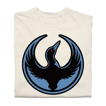 A folded heavyweight cream shirt with the Rebel Loon Alliance Logo. It uses a loon with outstretched wings to mimic the shape of the Star Wars Rebel Alliance Logo. The loon is printed blue & black with red eye.