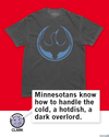 Dark gray Rebel Loon Alliance t-shirt featuring a blue graphic of a loon inside a circle, with a speech bubble from a rat named Clark that reads, Minnesotans know how to handle the cold, a hotdish, a dark overlord.