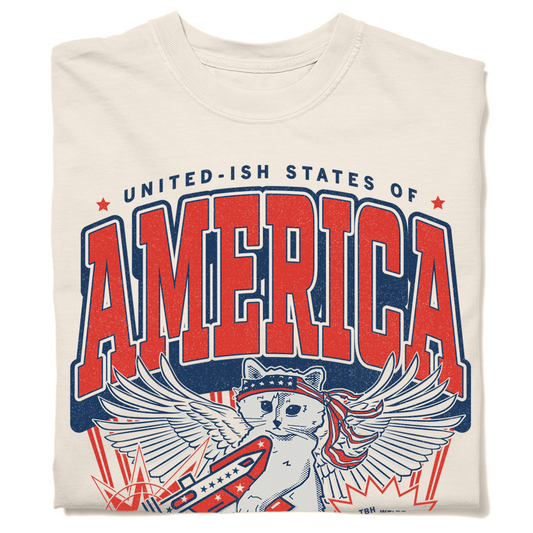 Off-white, garment-dyed heavyweight t-shirt featuring a winged cat in an American flag bandana riding a patriotic rocket, with the text UNITED-ISH STATES OF AMERICA.