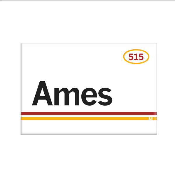 Retro style rectangular magnet. White base with a yellow oval in the top right surrounding 