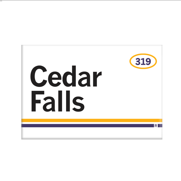 Retro style rectangular magnet. White base with a yellow oval in the top right surrounding 