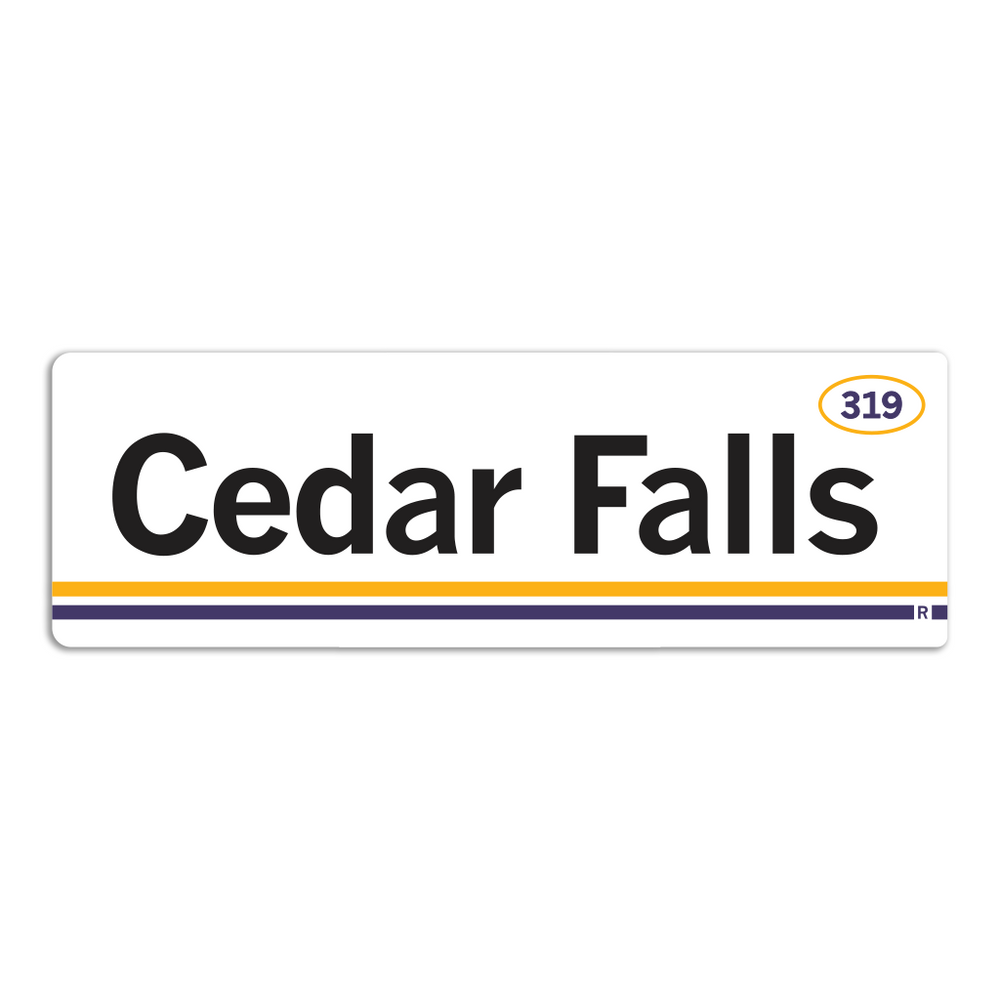 Retro style rectangular sticker. White base with a yellow oval in the top right surrounding "319" in purple print. Black text to the left says, "Cedar Falls" with yellow and purple lines below that.