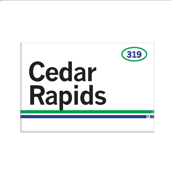 Retro style rectangular magnet. White base with a green oval in the top right surrounding 