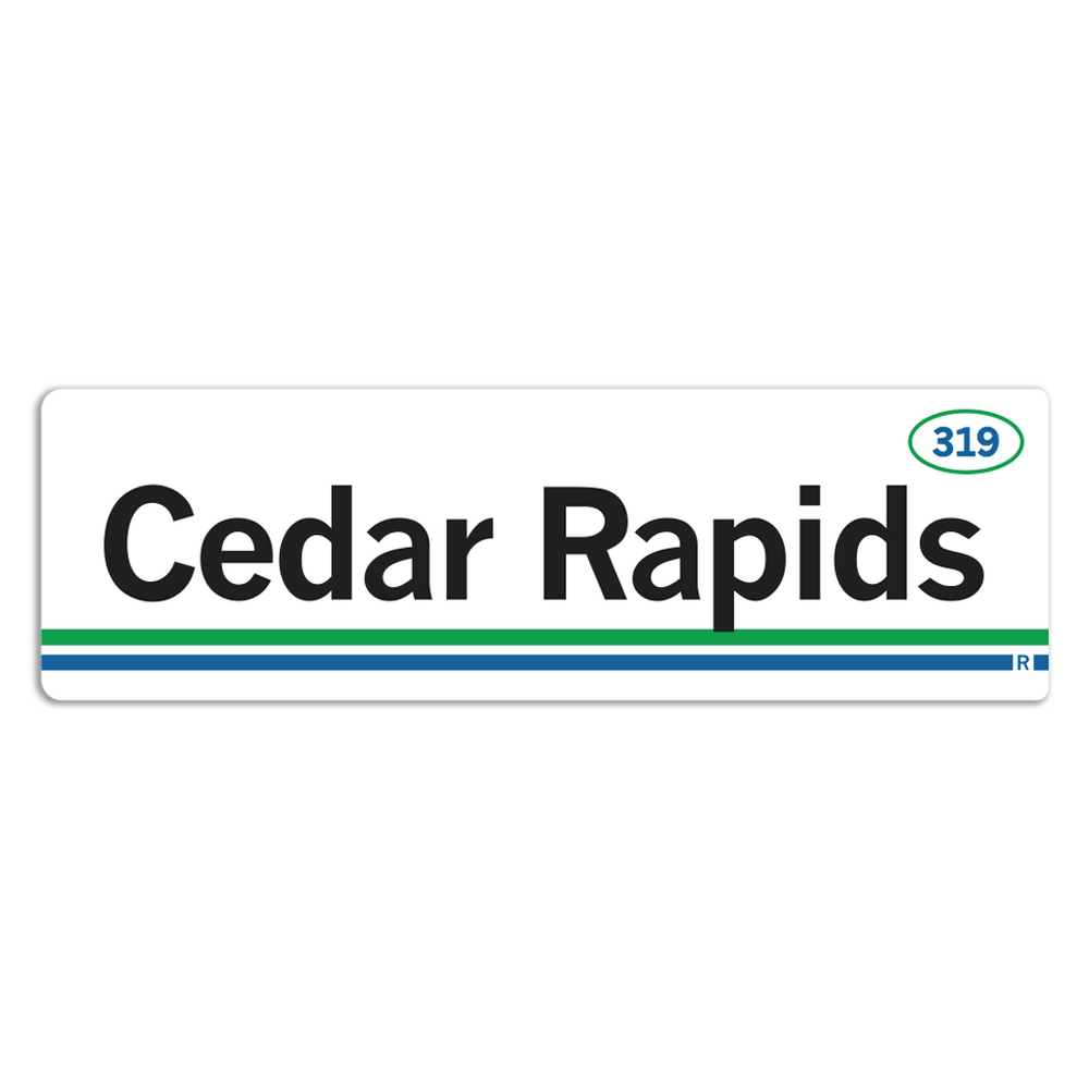 Retro style rectangular sticker. White base with a green oval in the top right surrounding "319" in blue print. Black text to the left says, "Cedar Rapids" with green and blue lines below that.