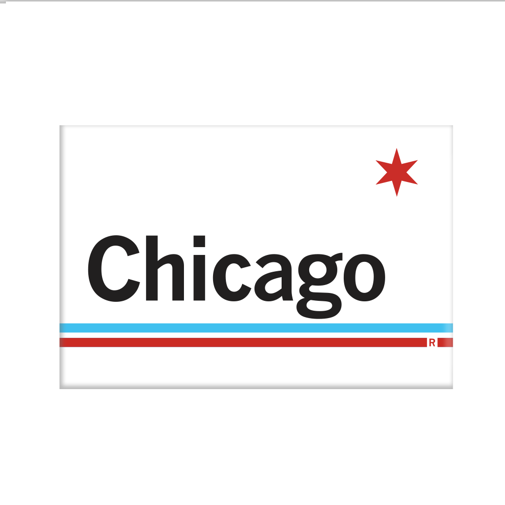 Retro style rectangular magnet. White base with a red star in the top right. Black text to the left says, "Chicago" with blue and red lines below that.