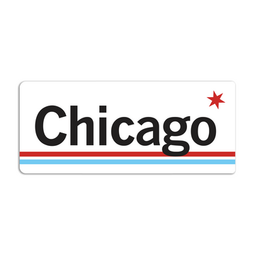 Retro style rectangular sticker. White base with a red star in the top right. Black text to the left says, "Chicago" with blue and red lines below that.