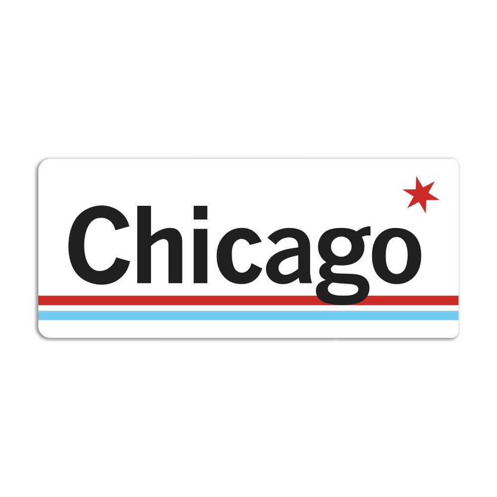 Retro style rectangular sticker. White base with a red star in the top right. Black text to the left says, "Chicago" with blue and red lines below that.