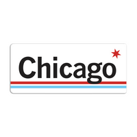 Retro style rectangular sticker. White base with a red star in the top right. Black text to the left says, "Chicago" with blue and red lines below that.